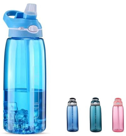 DEARART 1000 ml Hellblau Wasserflasche mit Strohhalm, BPA-frei und verstecktem Bechermund, Wasserflaschen haben Griff, Anzug für Sport, Basketball, Fitnessstudio, Wandern, Reisen, Büro usw.…