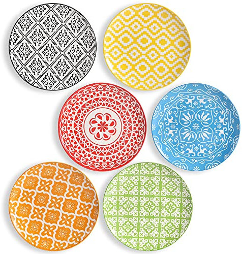 AHX Teller Set - Dessertteller Frühstücksteller- Flache Kuchenteller Salatteller 6er Set - Porzellan Teller Bunt 20.3 cm