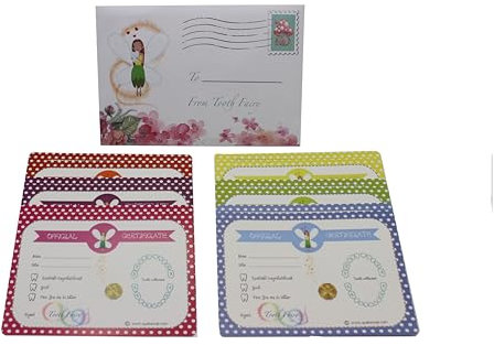 QueKawaii® 12 Certificados de colores caída dientes puerta HADA DE LOS DIENTES. Recibo (12 CERTIFICADOS INGLÉS)