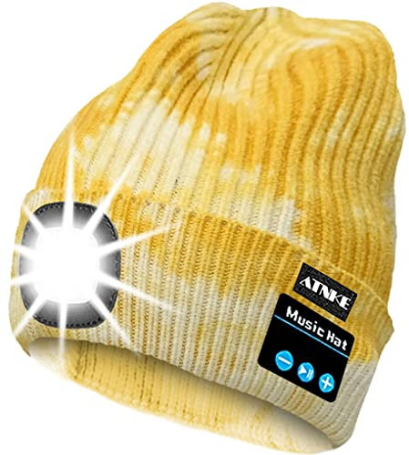 ATNKE LED beleuchtete Bluetooth Beanie Kappe, wiederaufladbare USB-Musikalische Laufmütze mit extrem hellem 4 LED Licht wasserdichte Lampe für das Skifahren (Einheitsgröße, Tie Dye Gelb)
