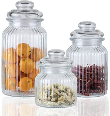 ORNAMI Ribbed Glass Storage Kitchen Jar with Airtight Lid (Mixed Sizes, Set of 3)