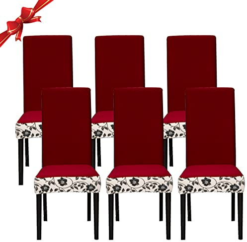 Jaotto Stuhlhussen 6 Stück Universal, Stuhlhusse Stretch 6er Set Moderne, Stuhlhussen Schwingstühle Elastische Langlebig Stuhlhussen für Esszimmer Bankett Deko,Blätter Bordeaux