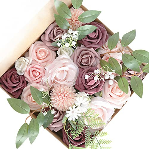 Fouriding Fiori Artificiali Seta Mix Schiuma Fiori Finti per Bouquet di nozze fai da te Centrotavola Composizioni Festa Baby Shower Casa Decorazioni (Rosa pasta di fagioli)