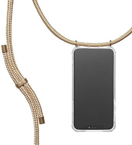 KNOK Premium Handykette für Apple iPhone 14 Pro, Gold, transparent | Silikonhülle mit fest verbundener Kordel zum Umhängen, stoßfest, ideal für Festival, Konzert oder Alltag, robust