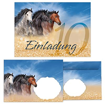 Junapack 12 Einladungskarten incl. 12 Umschläge zum 10. Kindergeburtstag zehnte Geburtstag Mädchen drei Pferde