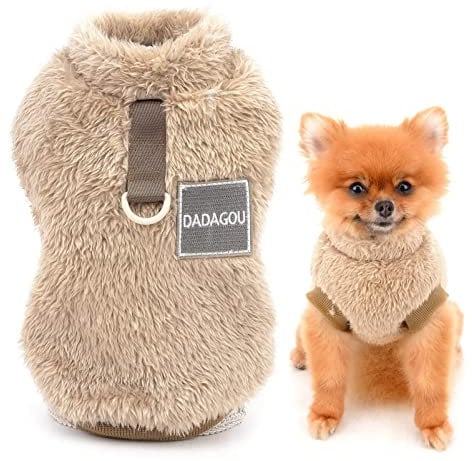 SMALLLEE_LUCKY_STORE Pet Sherpa Maglione in pile con dolcevita e anello a D per cani di piccola taglia gatto, cucciolo Yorkie Chihuahua vestiti caldi autunnali e invernali,marrone, XL