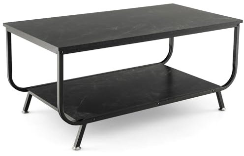 LIFEZEAL Couchtisch Marmor Optik, Wohnzimmertisch mit großer Tischplatte & Stauraum, Rechteckiger Sofatisch Kaffeetisch Beistelltisch mit Metallrahmen, 105 x 55 x 46,5cm (Schwarz)