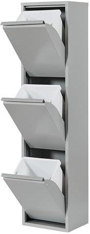 Atahome Perge Waste and Recycling Bin - 3 Drawers and Plastic Buckets with Metal Handles, 3x15 Litres Waste Separation & Recycling, Sturdy Metal Structure Rubbish Bin (Grey)