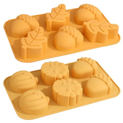 Goldyida Lot de 2 Moule en Silicone 3D Citrouille d'Halloween Moules à Bonbons d'automne à 6 cavités Moule à Patisserie Moule à Savon Thème de l'Action de Grâce de Citrouille pour Muffins