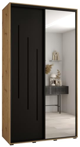 ABIKSMEBLE Davos 9 130 Armoire à Deux Portes Coulissantes pour Chambre à Coucher - Moderne Armoire de Rangement avec Miroir, Tringle et Étagères - 235,2 x 130 x 60 cm - Artisan Noir Noir