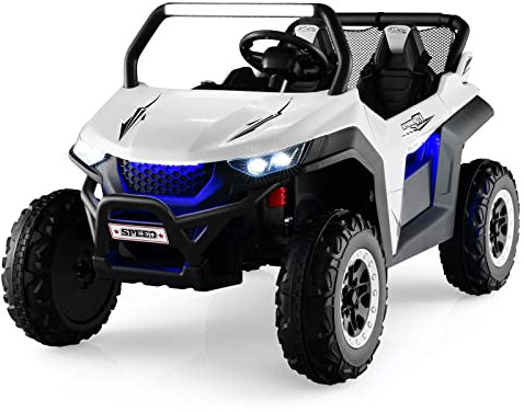 COSTWAY 12V Kids Electric Ride On UTV, 2-Seater Battery Powered Truck with Remote Control, Bluetooth, LED Light, Music, MP3/USB/FM, 4 Spring Suspension Wheels Vehicle Toy for Children (White)