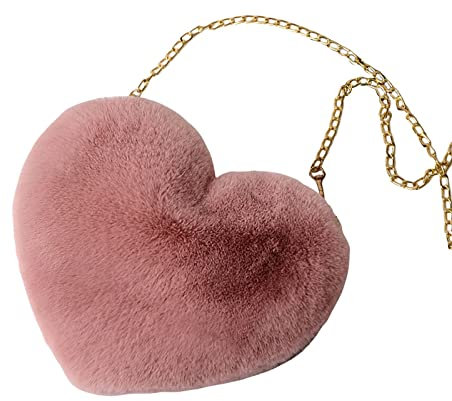 Damen Handtasche Herz, Umhängetasche Klein Plüsch, Herz Kunstfell Handtasche, Süße Heart Bag, Herz Clutch Geldbörse für Cocktail Outdoor Karneval Reisen Alltag Festival Geschenk, Rosa