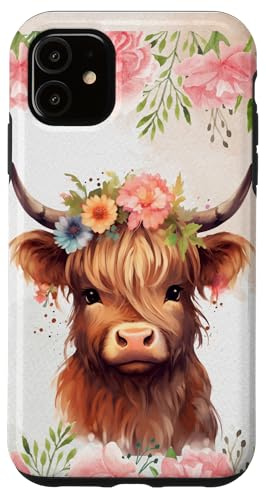 Spring Baby Highland Cow Pastel Watercolor Floral Case Case for iPhone 11