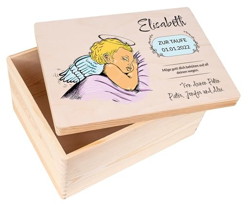 Creative Deco Personalisiert zur Taufe Geschenk für Mädchen und Junge | Mehrere Taufe Motiv | Holzkiste Erinnerungsbox Deko | Individuelle Geschenk Spielzeugkiste Holzbox mit Deckel | Spardose