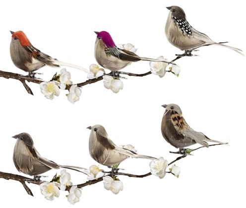 Künstliche Vögel Mit Federn Und Clip, Xlwen 6 Stück Feder Modell, Mini Dekofigur, 6 Farben Mit Clip für Handwerk, Garten, Partydekorationen