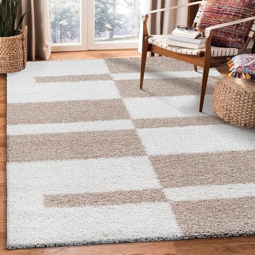 SANAT Milano Shaggy Teppich - Hochflor Teppiche für Wohnzimmer, Schlafzimmer, Küche - Weiss Beige, Größe: 120 x 170 cm