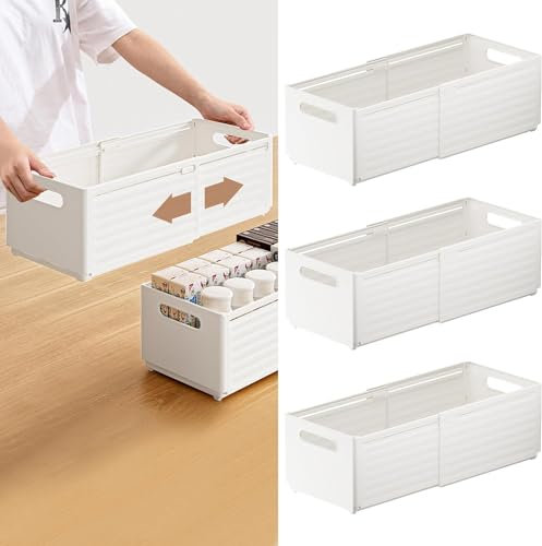 YTOPRO 3Pack Expandable Storage Box,Plastic Storage Bins Adjustable from 28-48cm Stackable Plastic Storage Basket with Handle For Shelves,Kitchen,Bathroom,Large