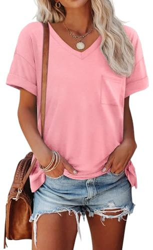 AirMood Womens Summer Casual Loose Fit Tshirt Tops Short Sleeve V Neck Tee Shirts (Pink,S)