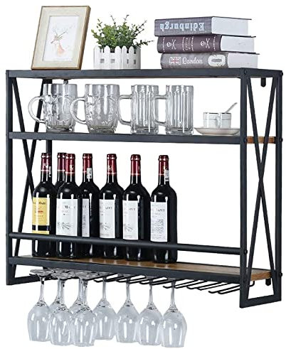 IBOWZ Deckenregal Decken Weinregal Holzregale Wandregal, industrielle Weinregale zur Wandmontage, rustikaler Weinhalter aus Metall zum Aufhängen, 3-stufiger Flaschenhalter zur Wandmontage, Glasregal