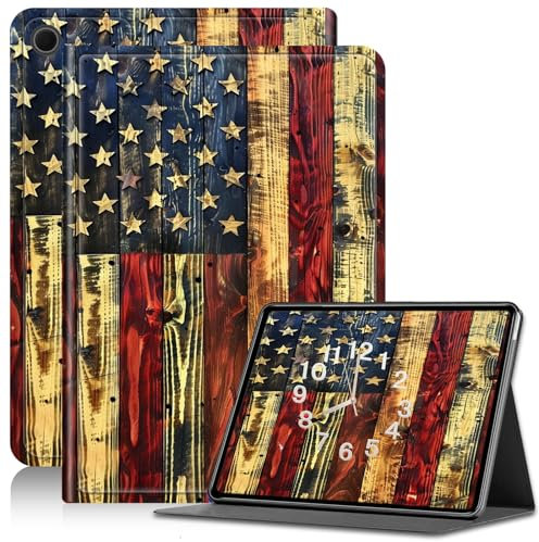 Case for Amazon Fire HD 10 Tablet 10.1 (9th /7th /5th Generation 2019 2017 2015 Release), PU Leather HD 10 Case Adjustable Stand Shockproof Smart Cover with Auto Wake/Sleep, Wooden American Flag