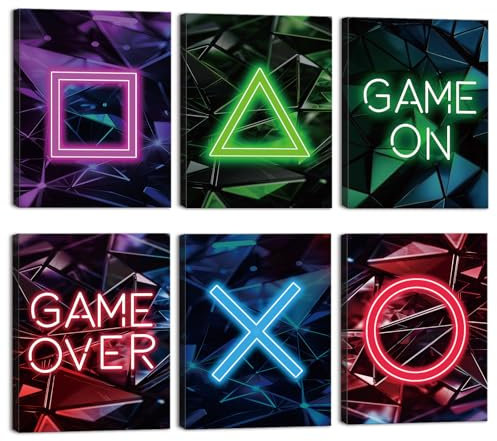 CHDITB 6 Stück Neon Gaming Wandbilder,Game On Game Over Poster Set,Farbe Bilder Jugendzimmer Gaming(25x20CM) Spiel Gamer Leinwandbilder,Wanddeko für Kinderzimmer Spielzimmer Gamingzimmer Deko