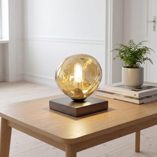 Lámpara de mesa cristal amarillo negro metal salón E14 17,5 cm pequeña soplada artesanalmente espejada vidrio de lava luz ambiental mesita de noche dormitorio