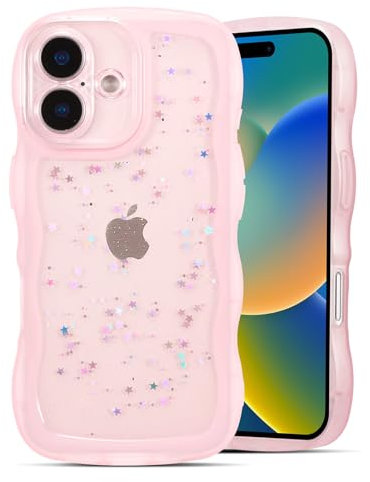 QLTYPRI Compatible with iPhone 16 Plus Case, Cute Curly Wave Frame Clear Glitter Case for Girls Women, Sparkle Bling Soft TPU Bumper Transparent Shockproof Phone Cover for iPhone 16 Plus - Pink