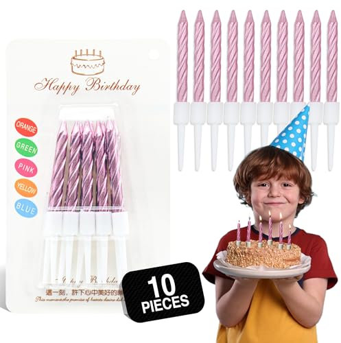 Birthday Candles, Birthday Candles for Cakes, Pack of 12 Gold Party Spiral Candles with White Candle Holders, Candles for Wedding, Birthday, Party Decorations, Anniversary and Meetups (Rose)