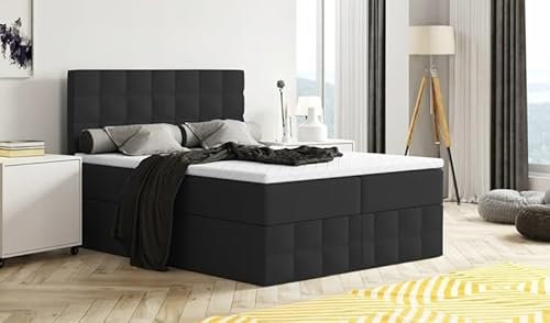 Generisch Moderne Boxspringbett MERA Premium Bett mit Bettkasten Ziernähten Bonell Matratze H3 Federkern Topper Polsterbett Doppelbett Schlafzimmer (Schwarz: Aura 18, 200 x 200 cm)