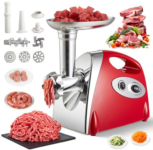 Warmiehomy Meat Grinder Electric, 2800W Meat Mincer with 3 Stainless Steel Grinding Plates, Vegetable Food Mincer Machine, Household Sausage Meat Patty Maker, Reverse Function, Plastic Housing(Red)