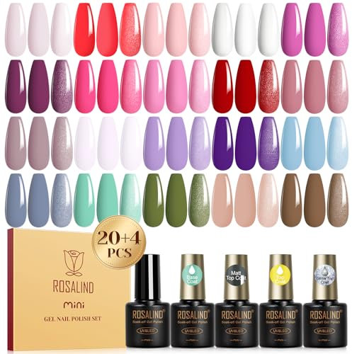ROSALIND UV Nagellack Set, 24 Stück Gel-Nagellack Rosa Weiß Rot Lila Blau Grün Braun Farbgel Gelnägel,Soak-Off Mini Nagel Design Gel Nail Polish Geschenk