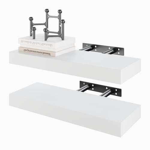 BAMEOS White Floating Shelves - Set of 2, Wall Mounted Wooden Shelves with Invisible Brackets, Hanging Decoration for Bedroom, Bathroom, Living Room, and Kitchen
