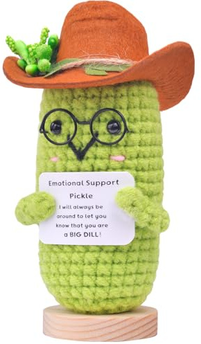 Mwmoeen Lustige Positive Gurke, Strickwolle Gurke Trägt Jeanshut, Ausgestattet Mit Positiver Energiekarte, Holzbasis, Beste Emotionale Unterstützung Geschenk Für Familie und Freunde