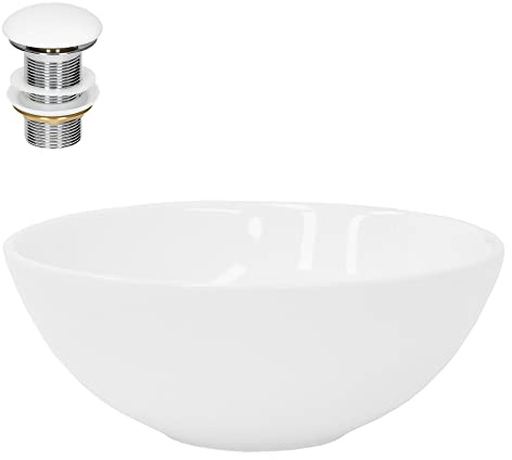 LuxeBath Waschbecken Keramik rund Ø 280 x 116 mm Weiß mit Ablaufgarnitur Weiß, Aufsatzwaschbecken für Badezimmer/Gäste-WC, Modernes Aufsatzbecken, Waschtisch Waschschale Waschplatz Handwaschbecken