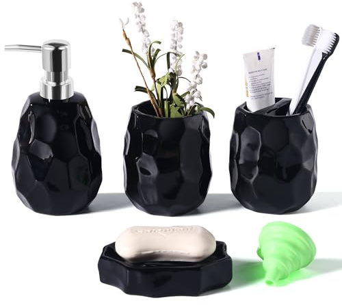 Badezimmer-Zubehör-Set, 4-teiliges Badezimmer-Zubehör-Set, Lotion-Seifenspender, Seifenschale, Zahnbürstenhalter, Zahnputzbecher, Badezimmer-Organizer für Moderne Badezimmer (Schwarz)
