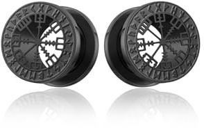 PiercingJak Ohr Flesh Tunnel Double Flared Plug Edelstahl Wikinger Vegvisir Kompass Runen Ohrpiercing für Gestreckte Expander Damen Männer Ohrplugs 8mm 10mm Punk Schmuck, 1Paar