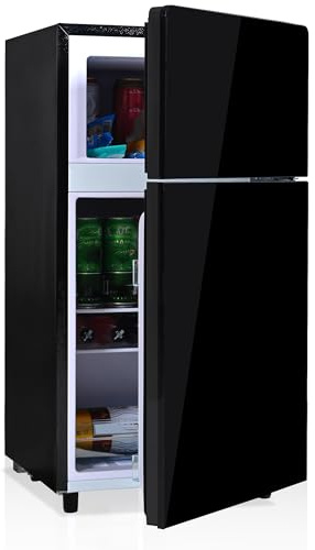 Mini Réfrigérateur 72 L, 7 niveaux température, éclairage LED, 39 dB, Réfrigérant R600, Refroidissement direct, Fridge, pour la cuisine, salon, camping-car et bureau, 120 kWh/an, Porte Vitrée Noire