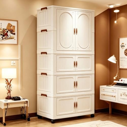 NCONCO Portable Wardrobe, 4-Tier Foldable Closet Storage Organizer with Magnetic Doors & Wheels Collapsible Plastic Cabinet for Clothes Toys Easy Assembly for Bedroom Living Room