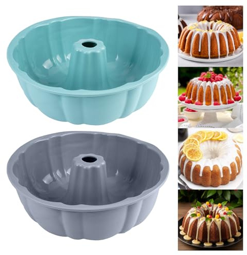 2 Gugelhupfform Silikon Kuchenform für Kuchen, Götterspeise, Gelatine, Brot | Ø 25 cm Gugelhupf Backform Silikon Gugelhupfform, Antihaftende Gugelhupfformen Wiederverwendbare (Blau, Grau)