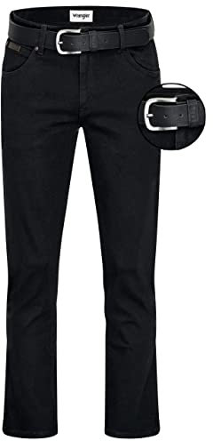 Wrangler Texas Stretch Herren Jeans Regular Fit inkl. Gürtel (W38/L32, Black)