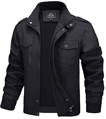 MAGCOMSEN Herren Stehkragen Cargo Jacke Baumwolle Armee Feldjacke Herren Outdoor Winddicht Blouson Atmungsaktiv Freizeitjacke Retro Bomber Jacken mit Taschen Schwarz 3XL