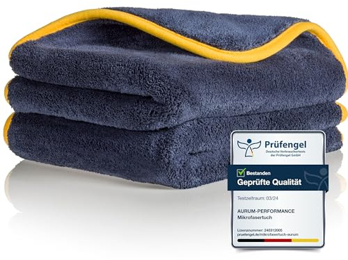 Aurum-Performance® Auto Trockentuch 2er Set 50x40 cm saugstark 1200 GSM | Profi Autopflege Microfasertuch fussel-, schlierenfrei & lackschonend - Effektives KFZ Mikrofasertuch, Trocken-Poliertuch