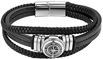 Flongo Herren-Armband Leder-Armband Männer Armreif Lederarmband mit Magnetverschluss Manschette Kordelseil Schwarz Silber Kompaß Motorradfahrer Biker Gotik Herren Männer