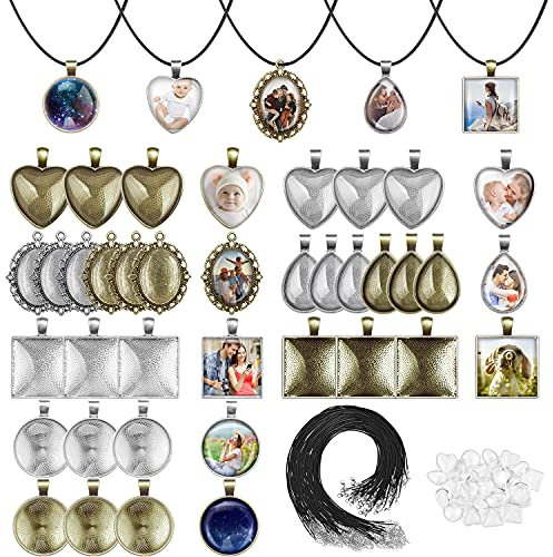 Anezus Pendant Trays Set with Glass Cabochons, 90pcs Including 30pc Bezel Pendants, 30 Glass Cabochons & 30 Necklace Cords
