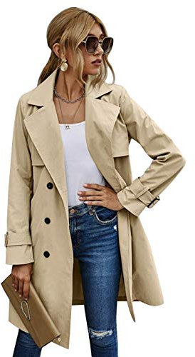 Geagodelia Manteau Femme Printemps Double boutonnage Long Manteau Classique Coupe Vent Veste Automne Trenchcoat S-XL, kaki foncé, XL
