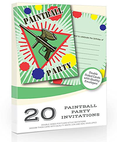 Olivia Samuel 20 x Paintball-Partyeinladungen – Geburtstagseinladungen aus A6 Postkartengröße mit Umschlägen