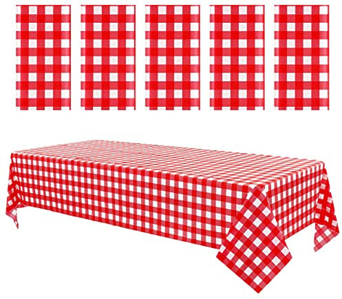 5 Packungen rot Karierte Kunststoff-Tischdecke 137 x 274 cm rot-weiß Karierte Einweg-Rechteck-Tischdecke, schmutzabweisende/wasserdichte Tischdecke für Grill-Picknick-Geburtstags-Hochzeitsfeiern