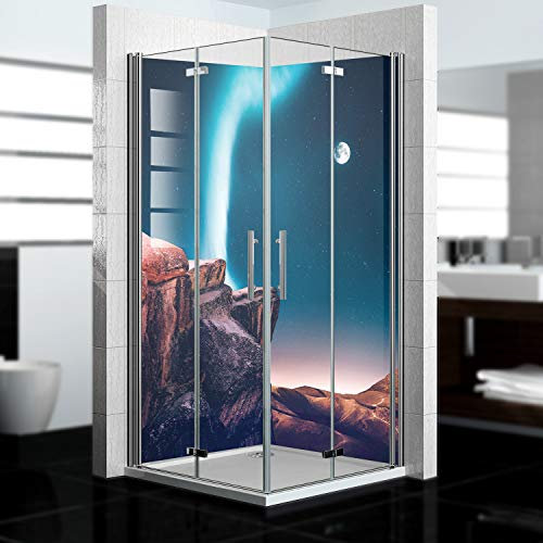 dedeco Eck-Duschrückwand wasserfest Motiv: Polarlicht V1, UV-Lack glänzend, 2x 80x210 cm, Badrückwand zum Fliesenersatz, als Dekorwand, Wandverkleidung und Duschplatte aus Aluminium - Made in Germany