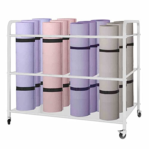 Arlifo Aufbewahrungskorb für Yogamatte, Trainingsgeräte, Zuhause, Fitnessstudio, Aufbewahrungsregal mit Rollen, weiß, Yogamattenhalter, Übungs- und Fitness-Organizer für Hanteln, Kugelhanteln,