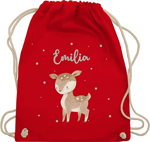 Turnbeutel Rucksack - Süßes Reh mit Namen personalisiert I - Unisize - Rot - kita beutel kindergartenrucksack rehkitz name stoffbeutel turnsackerl kindergarten personalisierte kindergartentasche
